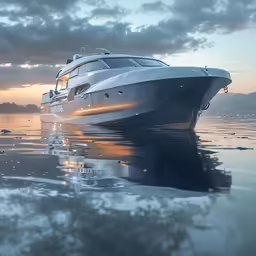 a yacht sits in the middle of calm waters