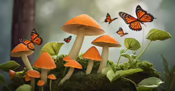 an array of small butterflies fly above a group of orange mushrooms