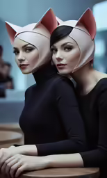 two model with hair accessories on their heads, sitting at a table