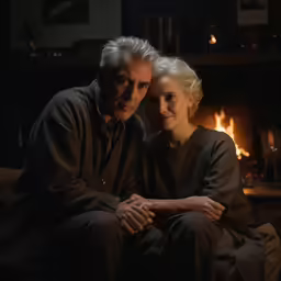 an older couple in their living room with the man wearing a sweater looking at the camera