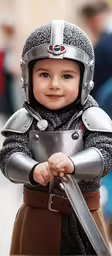 the young boy dressed in knights gear smiles for the camera