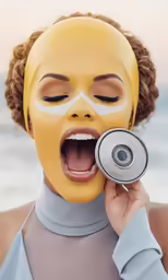 a woman with yellow facial mask on and an open mouth is holding a small silver object