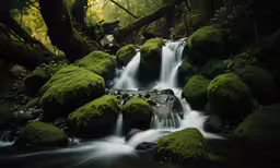 a beautiful stream flowing through a green forest