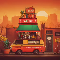 a painting with many people in the top of it,a van is painted by a person with food on top