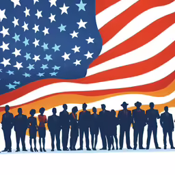 a group of people standing in front of a giant american flag