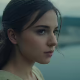 the girl with blue eyes stands alone by the water