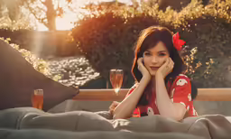 a woman laying on top of a bed holding a glass of wine