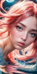a woman with pink hair wearing blue