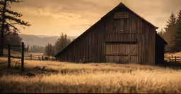 a barn is surrounded by fields and trees,there is a old building that has a window on it