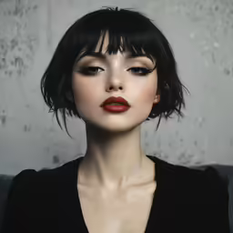 an asian woman with a very short bob cut has lipstick on her lips