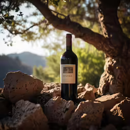 bottle of wine sits on the ground surrounded by rocks and trees