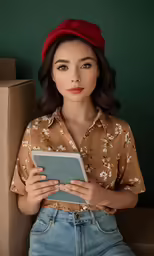 the young woman is looking at a tablet