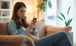 a woman sitting on a sofa holding a cell phone