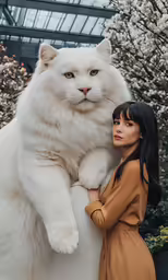 woman in a beige dress with cat by tree