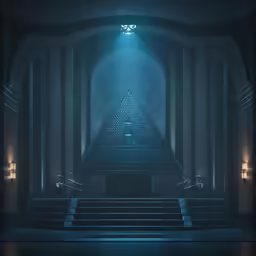 a large set of steps in a building surrounded by pillars