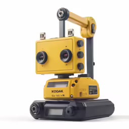a robot made of a camera sitting on a stand