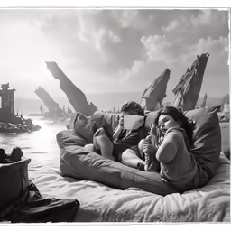 three people in bed with many fake ships
