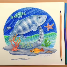 a drawing of a fish and other animals on a paper,a drawing of a fish, starsfish and fish under water
