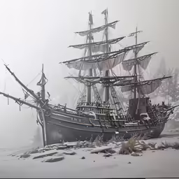 a sail boat in the snow, near shore