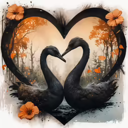 two birds with heads together making the shape of heart