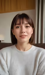 an attractive woman sitting on a couch wearing white
