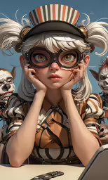 some type of woman and four creepy skulls all around her