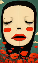 a woman with a big red nose with white and black background