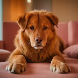 a golden dog laying down on pink couch