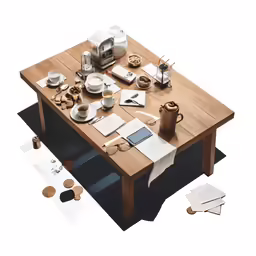 an open desk with several items on it