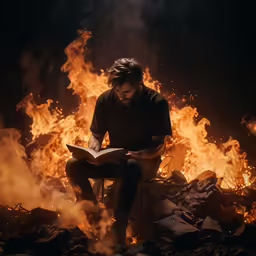 a man sitting next to a pile of rubble and holding an open book