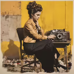 a woman sitting on a chair looking at a camera