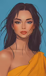 an animated photo of a woman with dark hair and blue eyes