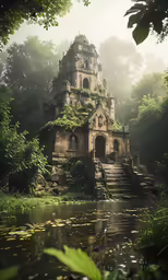 a building sitting in the middle of trees near water