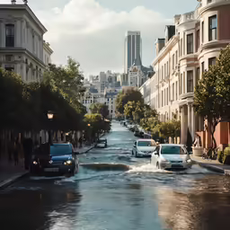 a street with cars traveling down it in the rain