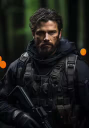 a man in black with a gun wearing black jacket,the walking man is holding a gun