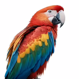 a large bird with red, blue, yellow and orange feathers