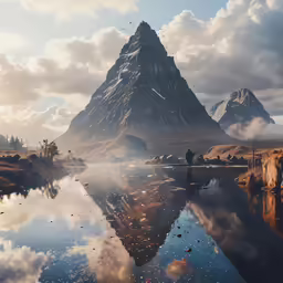 a scenic landscape shows mountains, mountains and clouds, with the sky reflecting in the water