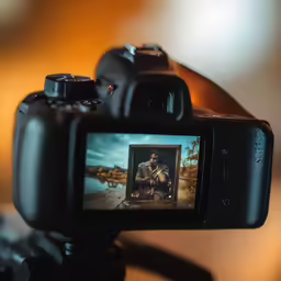 a digital camera attached to a tripod with the image of a man