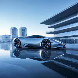 a modern car is sitting in front of a city skyline