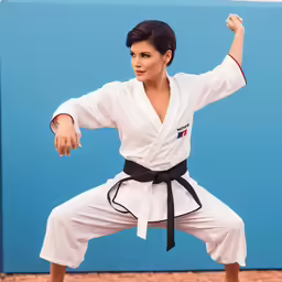 a woman doing a karate stance with a black belt