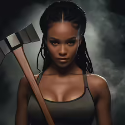 woman in sports bra with crossed arms holding an axe