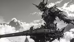 a giant robot standing above the clouds in the sky