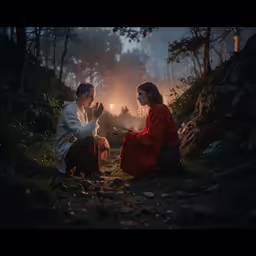 two people in medieval costume sitting on rocks and praying