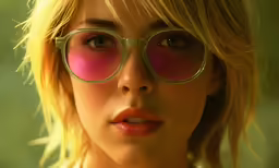 a woman wearing glasses poses with pink eyes