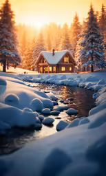 a house and a stream covered in snow
