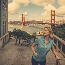 a woman holding a bat on top of the steps near a bridge