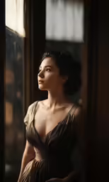 a woman is wearing an evening dress looking out the window