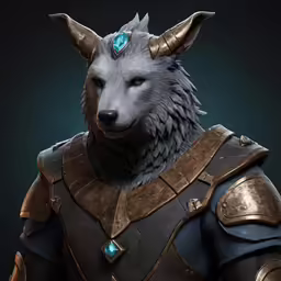 a wolf with horns, armor and blue stone