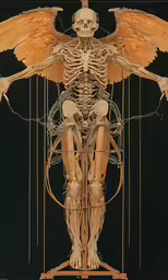 a skeleton sitting on top of a wooden structure