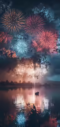 fireworks are lit up over the water in this image